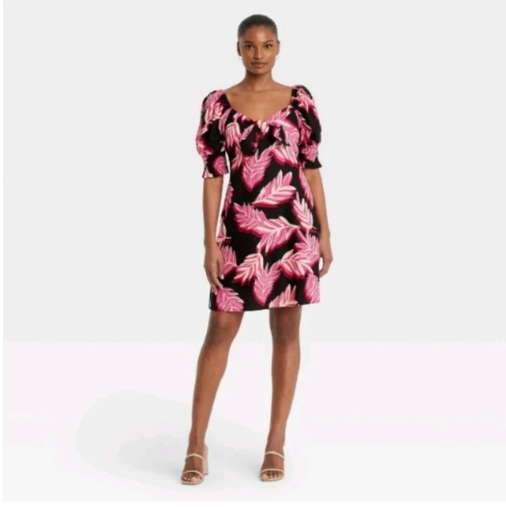 Who What Wear Pink/Black Sereghetti Palm Linen-Blend Mini-Dress Size XS